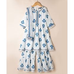Pine Kids 100% Cotton Woven Three Fourth Sleeves Kurti and Sharara Set with Dupatta and Flower Print in White