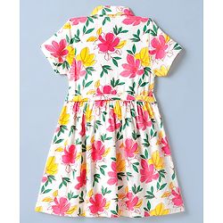 Pine Kids 100% Cotton Knit Fit & Flare Shirt Style Half Sleeves Dress with Belt and Floral Print - White