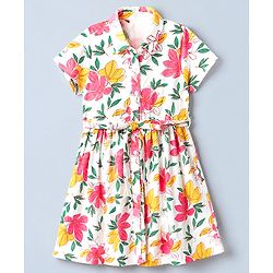 Pine Kids 100% Cotton Knit Fit & Flare Shirt Style Half Sleeves Dress with Belt and Floral Print - White