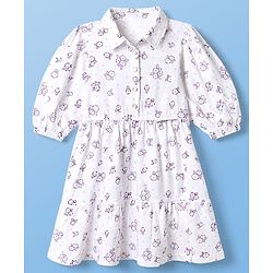 Pine Kids 100% Cotton Knit Full Sleeves One Piece Dress With Floral Print - White