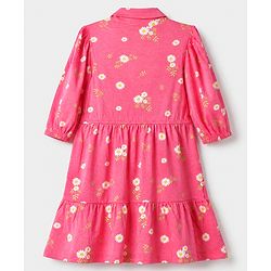 Pine Kids 100% Cotton Knit Full Sleeves Frock with Daisy Print in Pink