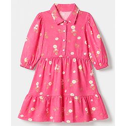 Pine Kids 100% Cotton Knit Full Sleeves Frock with Daisy Print in Pink