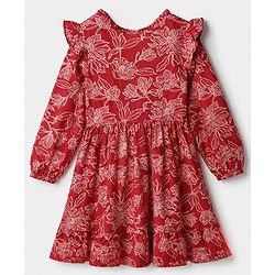 Pine Kids 100% Cotton Knit Dress with Full Sleeves and Floral Print in Red for 4-5 Years