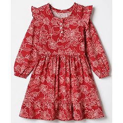 Pine Kids 100% Cotton Knit Dress with Full Sleeves and Floral Print in Red for 4-5 Years