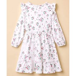 Pine Kids 100% Cotton Knit Fit & Flare Dress with Full Sleeves and Frill Details & Floral Print - White