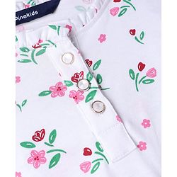 Pine Kids 100% Cotton Knit Fit & Flare Dress with Full Sleeves and Frill Details & Floral Print - White
