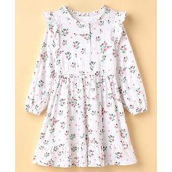 Pine Kids 100% Cotton Knit Fit & Flare Dress with Full Sleeves and Frill Details & Floral Print - White