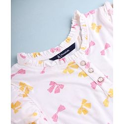 Pine Kids 100% Cotton Knit Full Sleeves Fit & Flare Tiered One Piece Dress with Frill Details & Bow Print - White