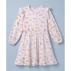 Pine Kids 100% Cotton Knit Full Sleeves Fit & Flare Tiered One Piece Dress with Frill Details & Bow Print - White