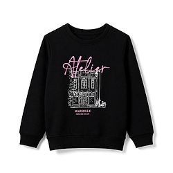 Pine Kids Cotton Knit Sweatshirt with Full Sleeves and Building and Bicycle Print in Black