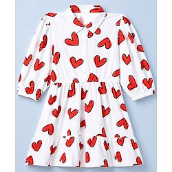Pine Kids Cotton Knit Full Sleeves Knee Length Frock With Heart Print - White