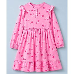 Pine Kids 100% Cotton Knit Dress with Full Sleeves and Floral Print in Pink for 4-5 Years