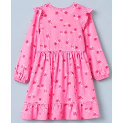 Pine Kids 100% Cotton Knit Dress with Full Sleeves and Floral Print in Pink for 4-5 Years