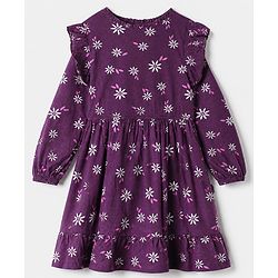 Pine Kids 100% Cotton Knit Knee length Frock with Full Sleeves and Floral Print in Plum