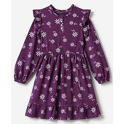 Pine Kids 100% Cotton Knit Knee length Frock with Full Sleeves and Floral Print in Plum