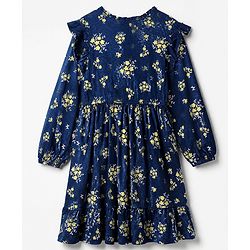 Pine Kids 100% Cotton Knit Full Sleeves Frock with Floral Print in Navy Blue