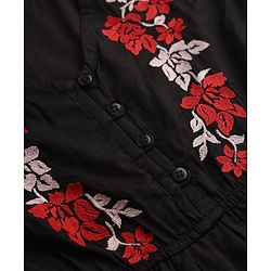 Pine Kids Poplin Fit and Flare Frock with Full Sleeves and Floral Embroidery in Black