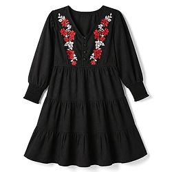 Pine Kids Poplin Fit and Flare Frock with Full Sleeves and Floral Embroidery in Black