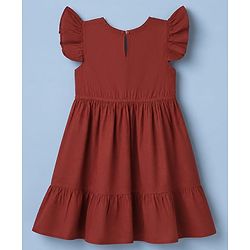 Pine Kids Woven Dress with Half Sleeves, Flutter Sleeves and Floral Embroidery in Red for 4-5 Years
