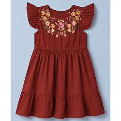 Pine Kids Woven Dress with Half Sleeves, Flutter Sleeves and Floral Embroidery in Red for 4-5 Years