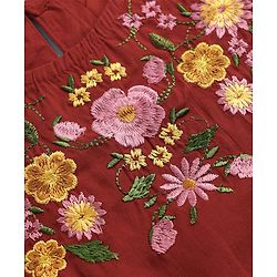 Pine Kids Woven Dress with Half Sleeves, Flutter Sleeves and Floral Embroidery in Red for 4-5 Years