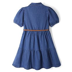 Pine Kids 100% Cotton Woven Half Puffed Sleeves Collared Denim Tiered Frock with Belt - Navy Blue