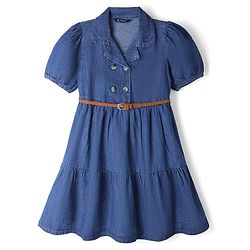 Pine Kids 100% Cotton Woven Half Puffed Sleeves Collared Denim Tiered Frock with Belt - Navy Blue