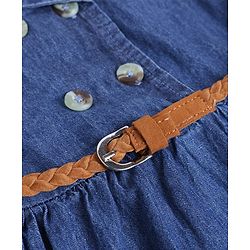 Pine Kids 100% Cotton Woven Half Puffed Sleeves Collared Denim Tiered Frock with Belt - Navy Blue