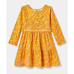 Pine Kids 100% Cotton Knit Full Sleeves Fit & Flare Tiered Dress with Belt and Floral Print - Orange
