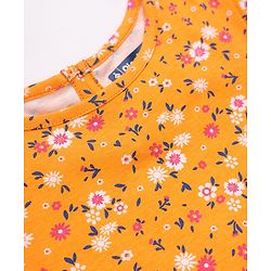 Pine Kids 100% Cotton Knit Full Sleeves Fit & Flare Tiered Dress with Belt and Floral Print - Orange