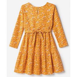 Pine Kids 100% Cotton Knit Full Sleeves Fit & Flare Tiered Dress with Belt and Floral Print - Orange