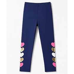 Pine Kids Cotton Lycra Knit Full Length Leggings With Heart Print - Navy Blue