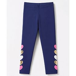 Pine Kids Cotton Lycra Knit Full Length Leggings With Heart Print - Navy Blue