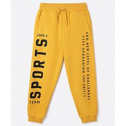 Pine Kids Cotton Knit Full Length Jogger Fit Lounge Pant with Slogan Print in Yellow