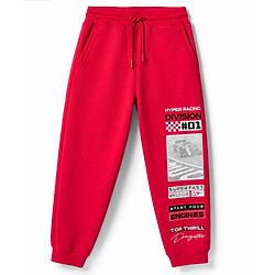 Pine Kids Cotton Mixes Knit Full Length Lounge Pant with Hyper Racing Division Text Print - Red