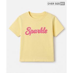 Pine Kids 100% Cotton Knit Oversized T-Shirt with Half Sleeves and Sparkle Embroidery in Yellow for 4-5 Years
