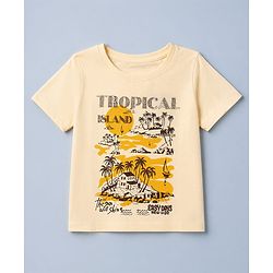 Pine Kids 100% Cotton Knit T-Shirt with Half Sleeves and Island Landscape Print - Peach