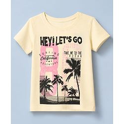 Pine Kids 100% Cotton Knit T-Shirt with Half Sleeves and Palm Trees and Beach Print in Beige
