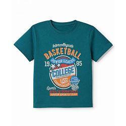 Pine Kids 100% Cotton Knit Half Sleeves T-Shirt with Basketball Print in Green