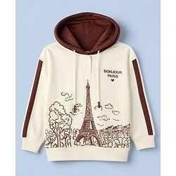 Pine Kids 100% Cotton Knit Hooded Sweatshirt with Full Drop Shoulder Sleeves and Eiffel Tower Print - Off White