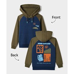 Pine Kids Cotton Knit Full Raglan Sleeves Hooded Sweatshirt With Text Print - Navy Blue