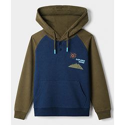 Pine Kids Cotton Knit Full Raglan Sleeves Hooded Sweatshirt With Text Print - Navy Blue