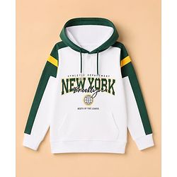 Pine Kids Cotton Knit Hooded Sweatshirt with Full Sleeves and New York Text Print - White