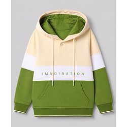 Pine Kids 100% Cotton Knit Hooded Sweatshirt with Full Sleeves and Imagination Text Print - Olive Green