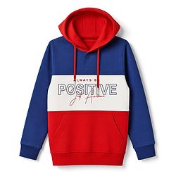 Pine Kids Cotton Knit Color Block Hooded Sweatshirt with Full Sleeves and Positive Text Print - Red
