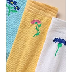 Pine Kids Cotton Knit Below Knee Length Socks With Floral Design Pack of 3 - Blue Yellow White
