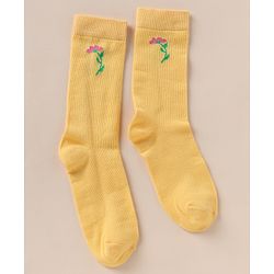 Pine Kids Cotton Knit Below Knee Length Socks With Floral Design Pack of 3 - Blue Yellow White