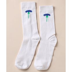 Pine Kids Cotton Knit Below Knee Length Socks With Floral Design Pack of 3 - Blue Yellow White