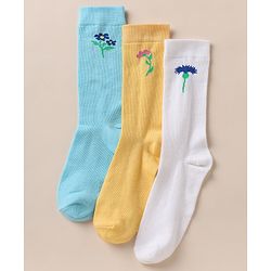 Pine Kids Cotton Knit Below Knee Length Socks With Floral Design Pack of 3 - Blue Yellow White