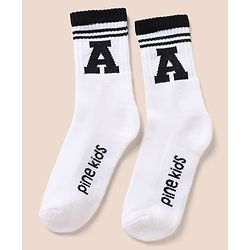 Pine Kids Cotton Mix Knit Below knee length Socks with Alphabet Print in White & Black Pack of 3